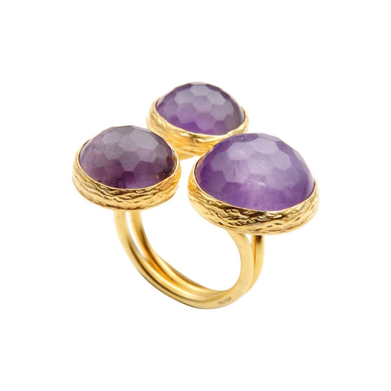 Amethyst Ring with three stones, Big amethyst ring, gold vermeil over sterling silver, cocktail ring, big statement ring, purple ring image 2