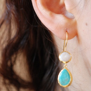 Long Turquoise and Pearl drop dangling Earrings made with sterling silver coated in 18K gold, teardrop Turquoise Jewelry birthstone earring image 1