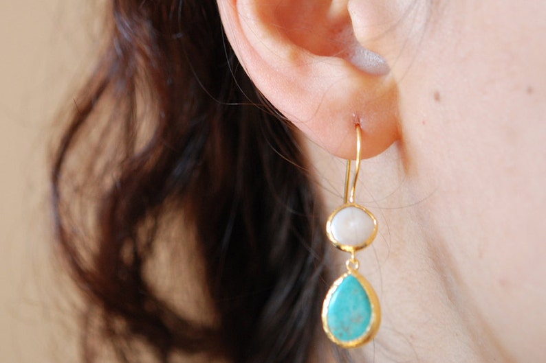 Long Turquoise and Pearl drop dangling Earrings made with sterling silver coated in 18K gold, teardrop Turquoise Jewelry birthstone earring image 1