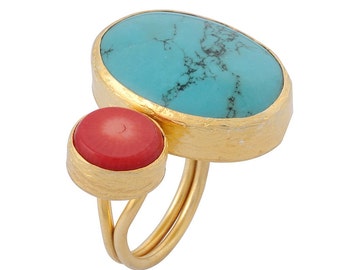 Turquoise and Coral gold coated silver ring