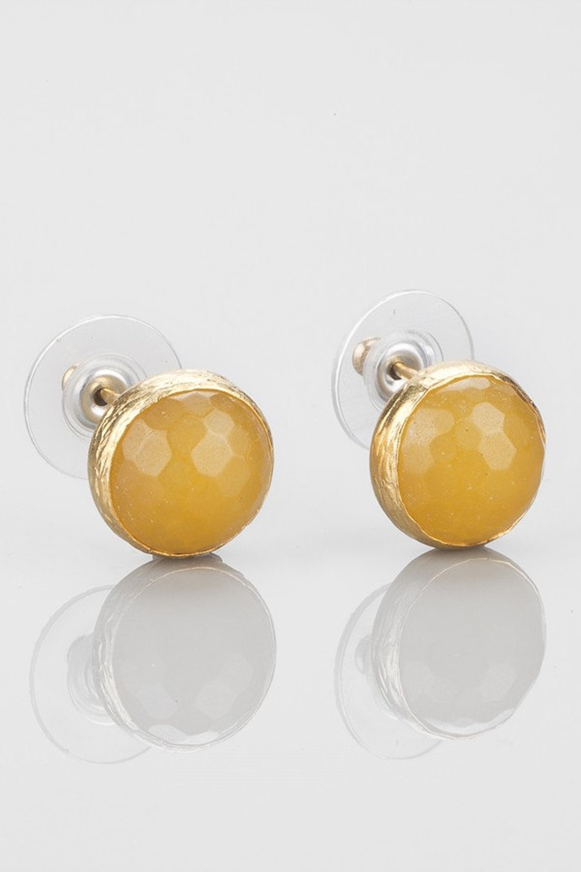 Yellow Agate Stud Earrings Round Post Earrings Gemstone Etsy