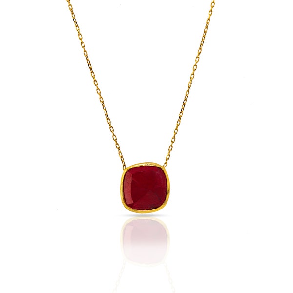 Ruby Necklace, Square cut ruby stone, 18K gold vermeil over sterling silver, wine red ruby, natural stone, gemstone necklace, birthday stone