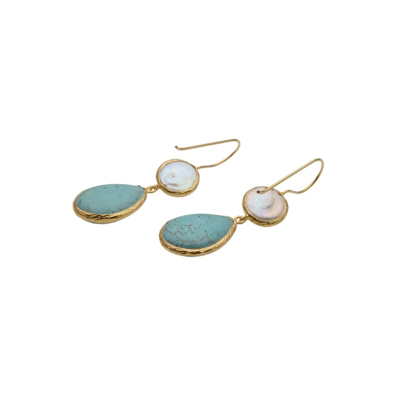 Long Turquoise and Pearl drop dangling Earrings made with sterling silver coated in 18K gold, teardrop Turquoise Jewelry birthstone earring image 5