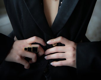 Onyx Stone Long Silver Ring with gold coat
