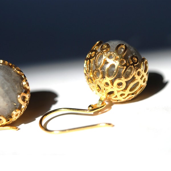 Grey Labradorite Stone Dangling Lace Ball Earrings 18K gold vermeil over sterling silver