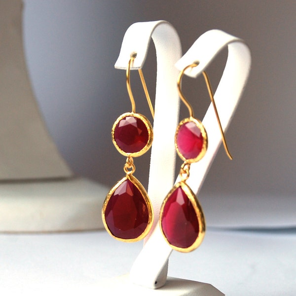 Red Long Drop Earrings, deep bright color, dangling style, sterling silver, hammered texture, gold vermeil coating