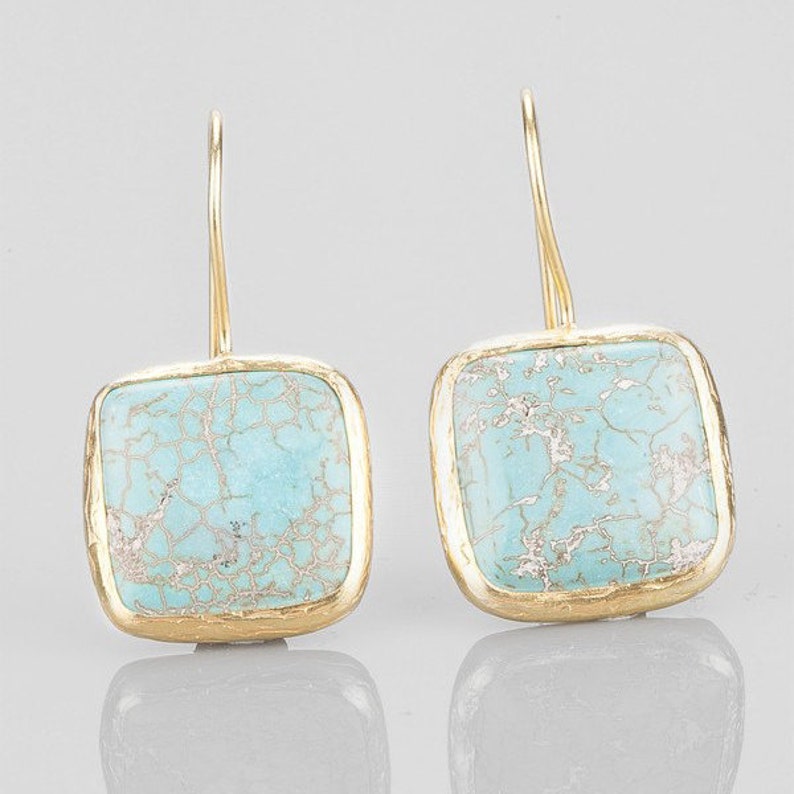 Turquoise Square Earrings With Silver Settings Coated with Gold Vermeil, turquoise earrings, blue earrings, dangling earrings, simple design image 1