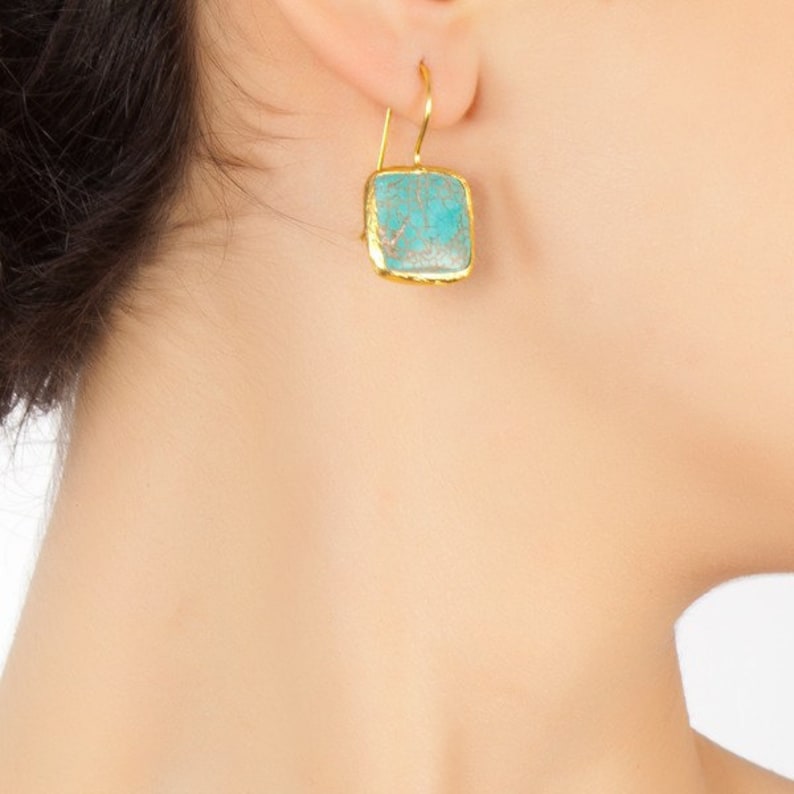 Turquoise Square Earrings With Silver Settings Coated with Gold Vermeil, turquoise earrings, blue earrings, dangling earrings, simple design image 2