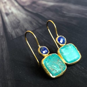 Turquoise and Lapis Lazuli Earrings, with Sterling Silver Settings Coated in Gold Vermeil image 8