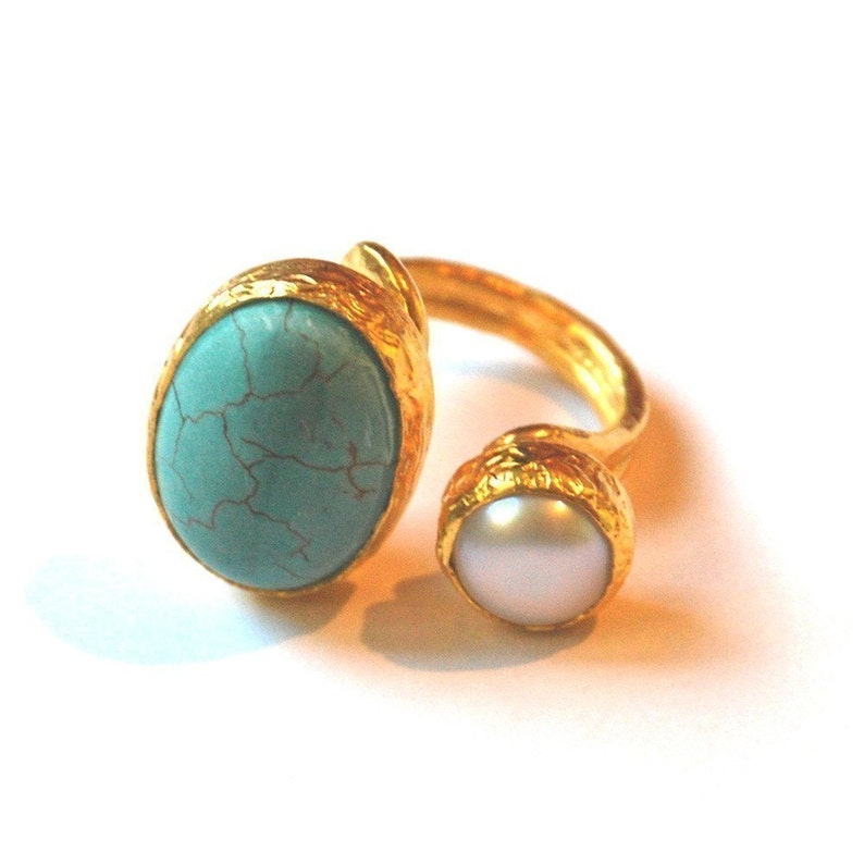 Turquoise Pearl Ring made with sterling silver coated 18K gold turquoise ring Big turquoise ring Statement ring Two gemstone ring image 3