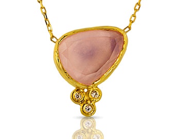 Collier de quartz rose avec diamants, argent sterling enduit d’or 18K, collier pendentif en quartz rose, collier de diamants, collier de pierres précieuses roses