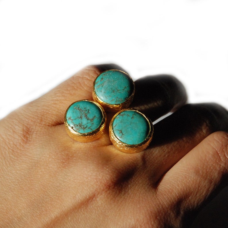 Big turquoise ring, with three stones, statement ring, gold vermeil over sterling silver, big blue turquoise ring, chunky ring, boho ring image 5