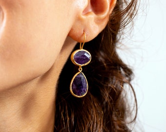 Amethyst drop Earrings made with 925K sterling silver coated 18K gold, Lavender purple gemstone, Amethyst dangling long earrings