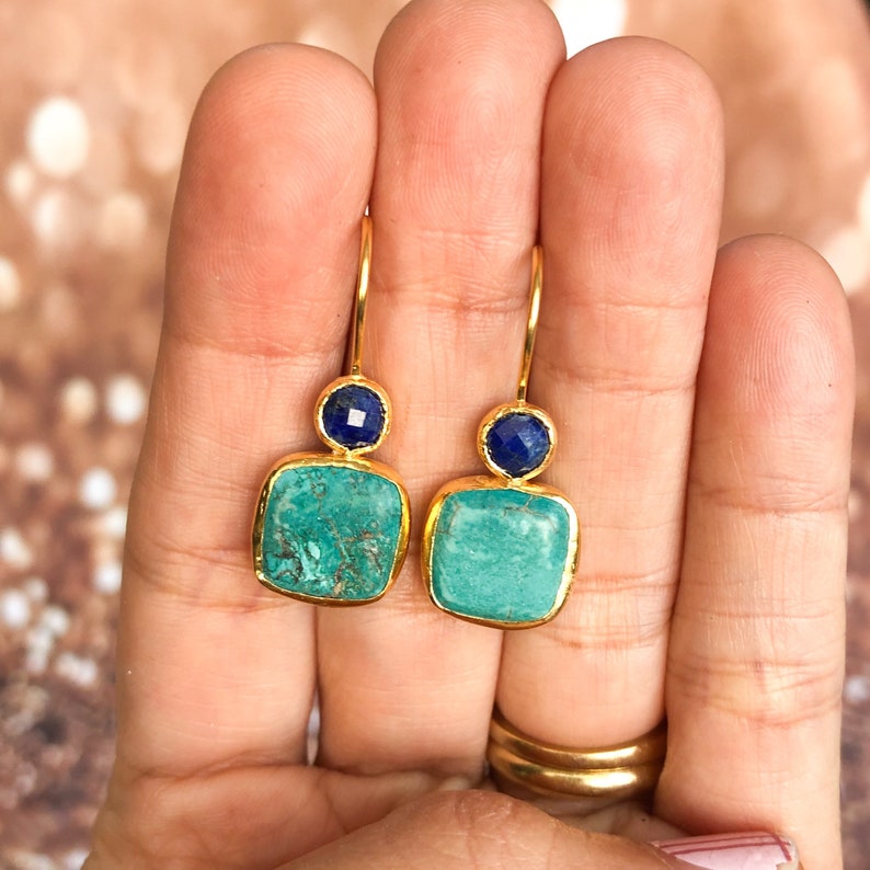 Turquoise and Lapis Lazuli Earrings, with Sterling Silver Settings Coated in Gold Vermeil image 9