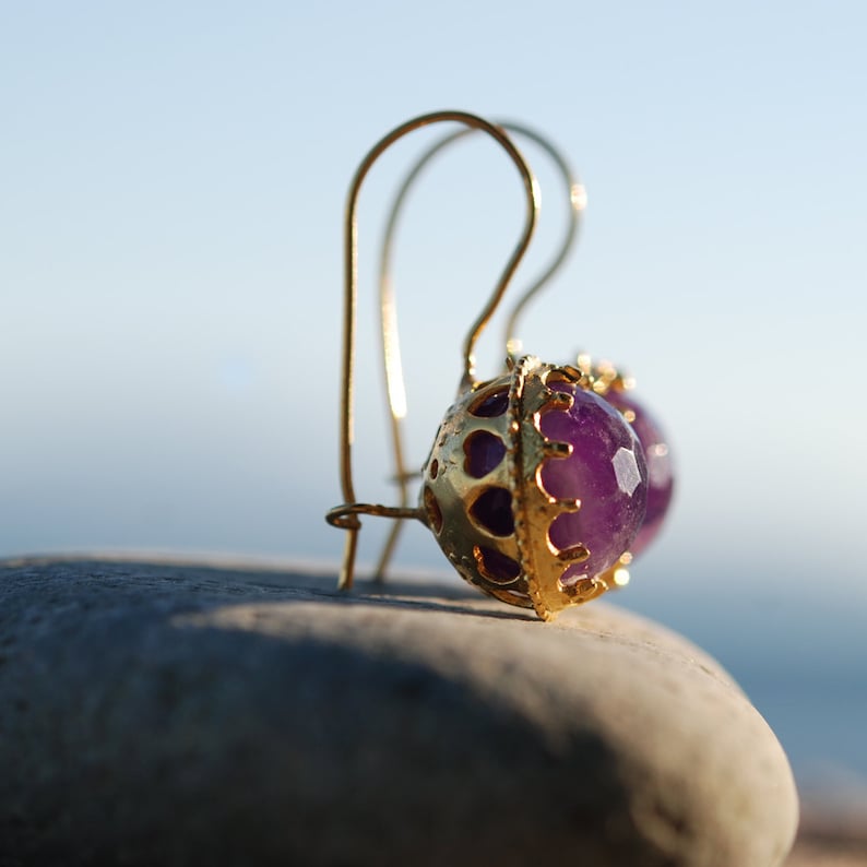 Amethyst Earrings in Crowned Ball settings in sterling silver coated 18K gold, purple amethyst, gold ball earrings, February birthstone image 2