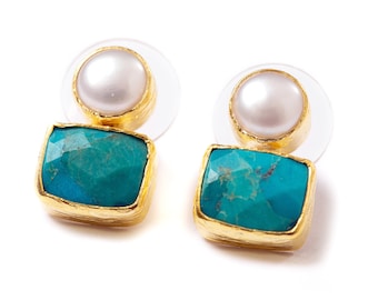 Gold Turquoise and Pearl Sterling Silver Stud Earrings