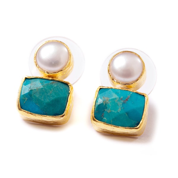 Turquoise rectangles, and Pearl Stud Earrings in 925K sterling silver coated in 18K gold, turquoise and pearl post earrings, turquoise studs