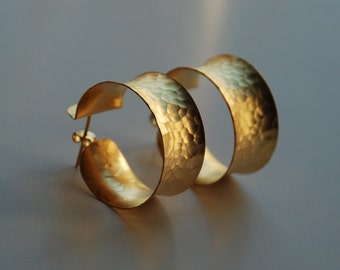 Gold Coated Hammered Thick Hoop Silver Earring, made with silver coated in 18K gold, hammer gold hoop earring, big handmade hammered hoops