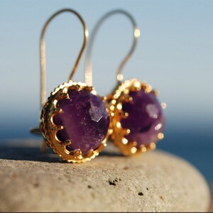 Amethyst Earrings in Crowned Ball settings in sterling silver coated 18K gold, purple amethyst, gold ball earrings, February birthstone image 1