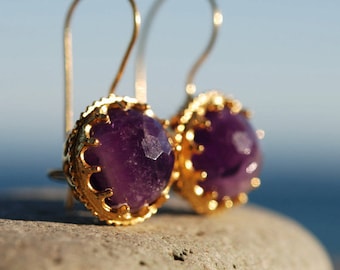Amethyst Earrings in Crowned Ball settings in sterling silver coated 18K gold, purple amethyst, gold ball earrings, February birthstone