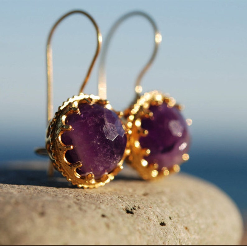 Amethyst Earrings in Crowned Ball settings in sterling silver coated 18K gold, purple amethyst, gold ball earrings, February birthstone image 1