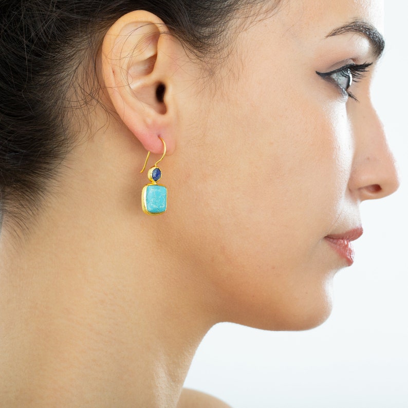 Turquoise and Lapis Lazuli Earrings, with Sterling Silver Settings Coated in Gold Vermeil image 6