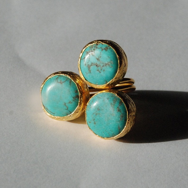 Big turquoise ring, with three stones, statement ring, gold vermeil over sterling silver, big blue turquoise ring, chunky ring, boho ring image 1