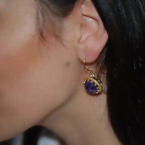Amethyst Earrings in Crowned Ball settings in sterling silver coated 18K gold, purple amethyst, gold ball earrings, February birthstone image 3