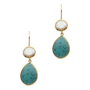 Long Turquoise and Pearl drop dangling Earrings made with sterling silver coated in 18K gold, teardrop Turquoise Jewelry birthstone earring image 2