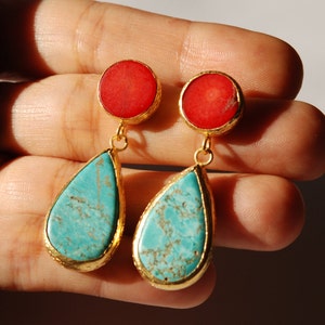 Turquoise and Coral Earrings made with sterling silver coated in 18K gold, big long teardrop, dangling turquoise, natural gemstone earrings image 4