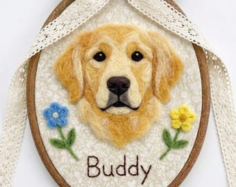 Retrato de mascota personalizado en fieltro con aguja en bastidor de bordado / Arte de lana personalizado para perro o gato / Regalo de recuerdo para mascota hecho a mano