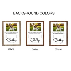 May include: Three framed pet memorial prints with different wood-toned backgrounds: brown, coffee, and walnut. Each print features a photo of a dog, the text "If love alone could have kept you here, you would have lived forever." and the name "Shelby" with the dates "2017-2024".