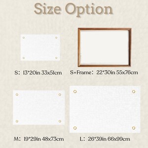 May include: Image showing size options for a product. Includes a framed rectangle and three unframed rectangles with measurements in inches and centimeters. The text "Size Option" is at the top.