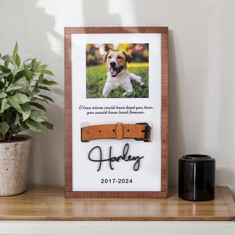 May include: A wooden frame with a photo of a dog, a brown leather collar, and the text "If love alone could have kept you here, you would have lived forever. Harley 2017-2024".