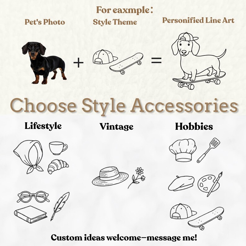 May include: An illustration showing a dachshund dog with a skateboard and a baseball cap. The image also includes examples of accessories and the text "Choose Style Accessories".