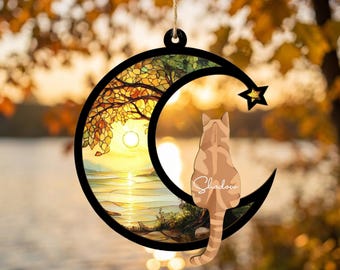 Custom Cat Memorial Suncatcher, gepersonaliseerd cadeau huisdierverlies, gegraveerde kat op maan, in Loving Memory Sympathy Gift