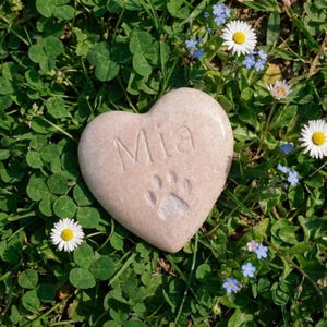 Peut inclure: Une pierre tombale en forme de cœur avec le nom "Mia" et une empreinte de patte gravée. La pierre est rose clair et repose sur un lit d'herbe verte, de trèfles et de petites fleurs sauvages.