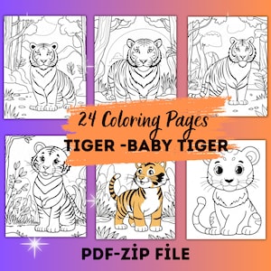 Tiger and Baby Tiger Coloring Pages | 24 Printable Sheets | Tiger Printable | Realistic Tiger Coloring Pages