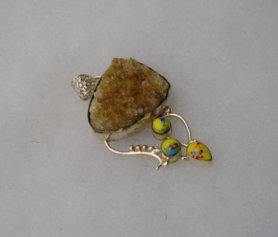 Vintage Sterling Silver Citrine Druzy Drop Pendan… - image 2