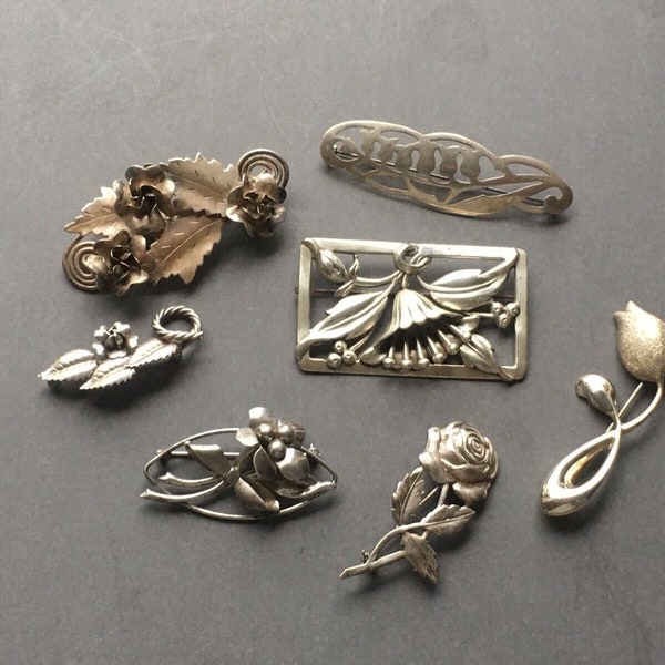 7 Vintage Sterling 925 Flower Floral Pins Lot Norseland Coro Carl Art CNA