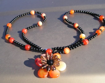 40" Black Onyx & Carnelian Beaded Necklace w/ Removeable Agate Flower Pendant 925