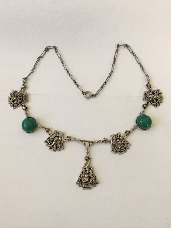 Lovely Vintage Art Deco Marcasite & Green Stone Pa