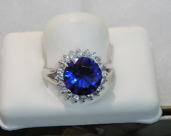 Rhodium over Sterling 925 Sapphire Blue & Clear Cubic Zirconia CZ Ring FAS Size 8