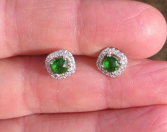 Dainty Sterling 925 Cushion Emerald & Cubic Zirconia CZ Stud Post Earrings