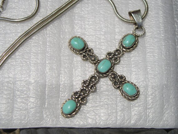 Vintage 3 1/4"  Sterling Mexican Turquoise Cross … - image 3