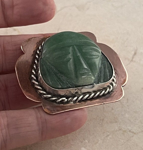 vintage Mexican Copper Silver Carved Green Stone … - image 2