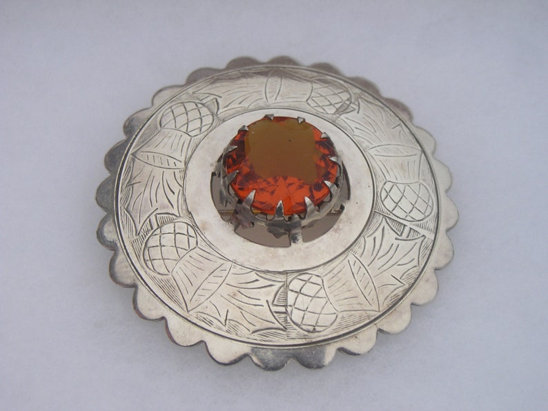 Antique Scottish Celtic Large Citrine Topaz Colored Etched Thistle Silverplated Kilt Pin