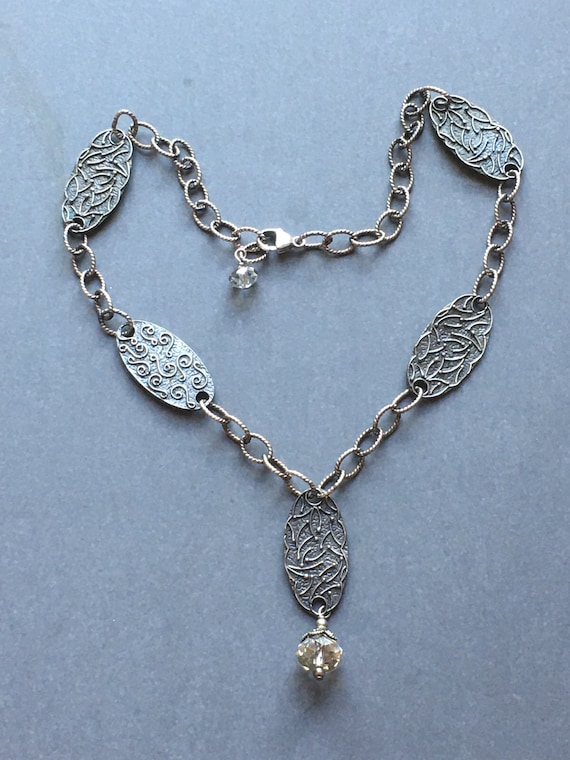 Ornate Scroll Silver tone  Panel Link Crystal Dro… - image 1