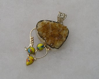 Vintage Sterling Silver Citrine Druzy Drop Pendant 2 1/2"