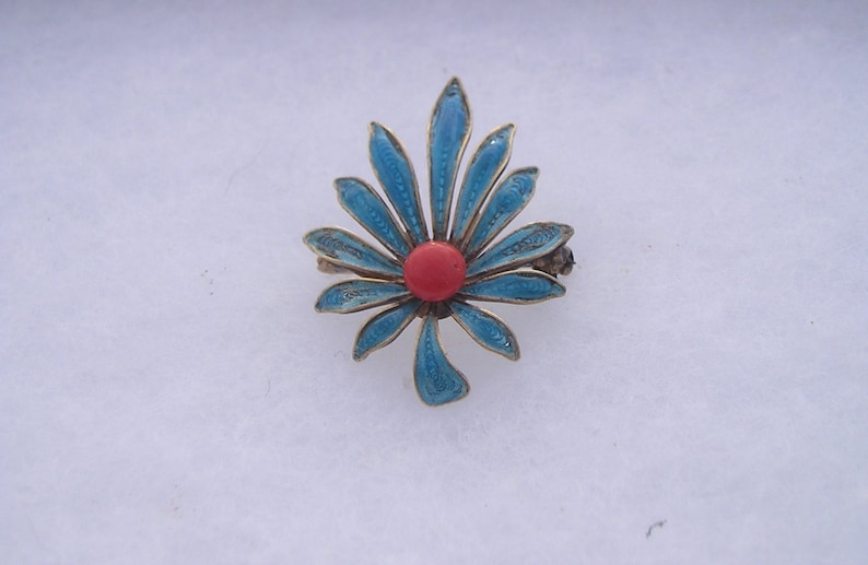 Beautiful 900 Silver Filigree Blue Enamel /& Coral Flower PIn Brooch